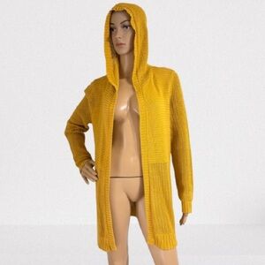 Marled Mustard Yellow Hooded Open Front Cardigan Sweater Size M